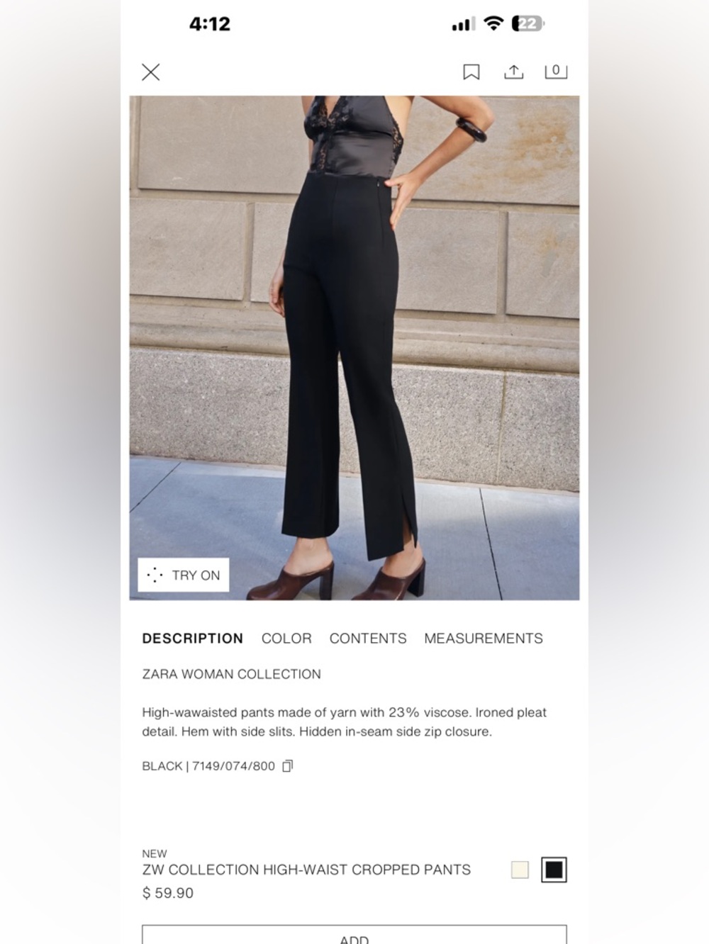 ZARA Black High-Waist Cropped Straight Pants with Side Slits
